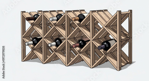 Wooden Wine Rack with Bottles Displayed on White Background.