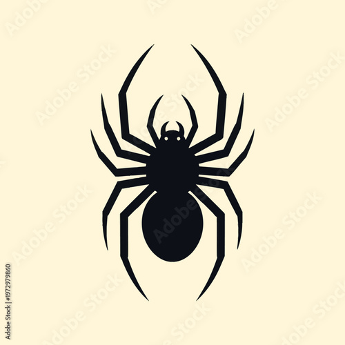 Black spider silhouette vector illustration with eight distinct legs and rounded abdomen, isolated on a solid cream background, ideal for minimalist logos, web icons, and Halloween themes.