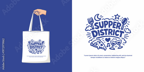 Supper District Typography Logo and Tote Bag Mockup