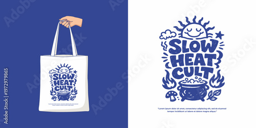 Slow Heat Cult Doodle Typography Design on Tote Bag Mockup