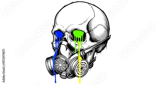 Skull with gas mask and dripping colorful paint