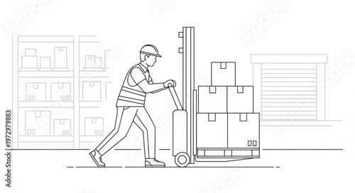 Worker operating a pallet jack in a warehouse setting.