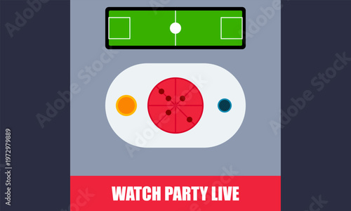 Hand-drawn graphic featuring a sports field and pizza for a live social media event stream and authentic illustration