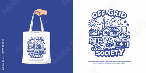 Off-Grid Society Sustainable Living Doodle Illustration and Tote Bag Mockup
