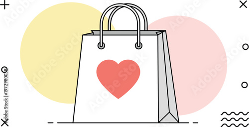Shopping bag with heart icon vector illustration for retail therapy commercial sales donation charity and romantic gift giving in flat line art style with geometric background