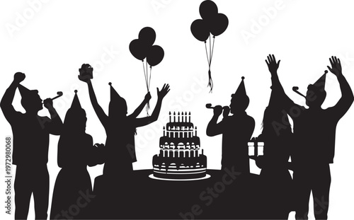Black silhouette people celebrating birthday with cake and balloons