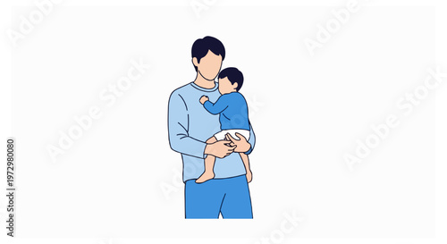 An illustration of a dark-haired man wearing a pale blue long-sleeve shirt holding a toddler in a blue top and white diaper on white.