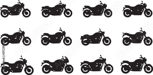 Black motorcycle silhouettes on white background in rows pattern