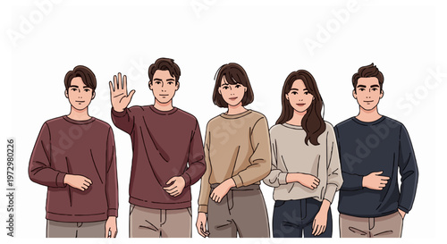 Five diverse individuals in earth-toned sweaters stand together against a white background with one young man waving at the viewer.