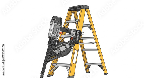 Yellow Fiberglass Stepladder with Tool Tray and Power Drill.
