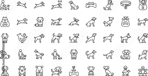 Dog training and pet care icon set featuring walking playing veterinary health bone treats grooming and puppy behavioral activities in thin line outline vector style