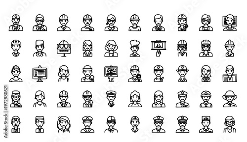 Professions line icon set with careers occupations and job roles pixel perfect editable vector collection