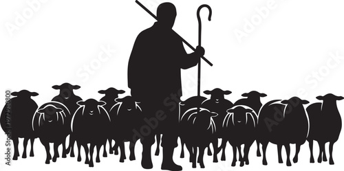 Black silhouette shepherd with flock of sheep