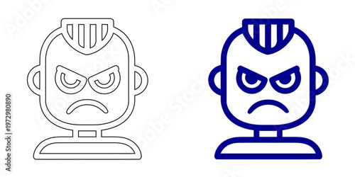 Minimalist Navy Blue Angry Boy Character Vector Icon with Mohawk Hairstyle and Outline Style for Aggressive Emotion and Tough Attitude Concepts