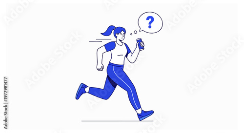 Blue and white illustration of a female athlete running while holding a water bottle and looking back at a question mark in a thought bubble.