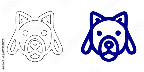 Minimalist Navy Blue Samoyed or American Eskimo Dog Head Vector Icon with Fluffy Face and Pointy Ears in Outline Style for Pet Care and Veterinary Designs