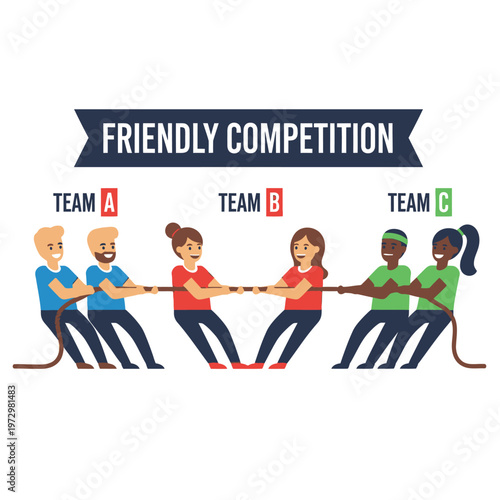 Tug of War Competition: Team A vs Team B vs Team C, Diverse People Pulling Rope