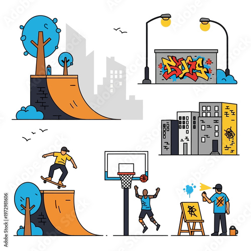 Urban Street Art & Sports Montage: Skateboarder, Basketball, Graffiti, Cityscape