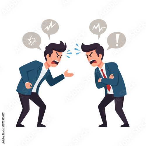 Two businessmen arguing, conflict and disagreement, shouting, anger, business dispute, vector illustration