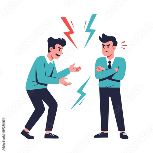 Two men arguing, conflict, disagreement, anger, dispute, stress, confrontation, cartoon illustration