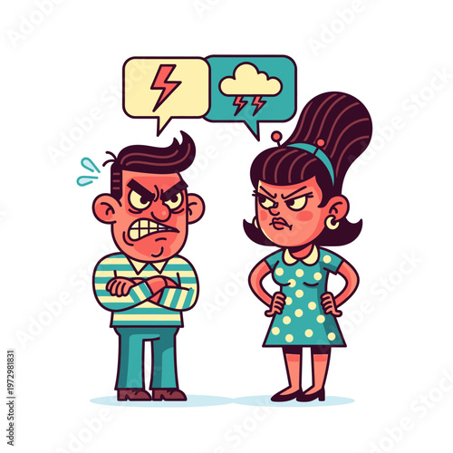Angry Couple Arguing With Lightning Bolt And Storm Cloud Speech Bubbles