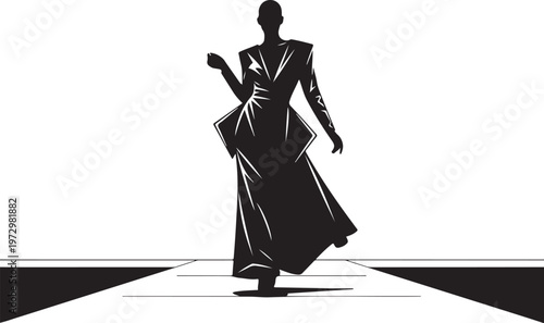 Black silhouette woman in long dress walking on runway