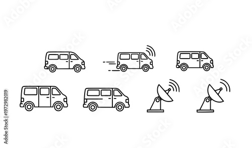 Broadcast van outline icon set thin line media vehicle with satellite signal for web and app interface design
