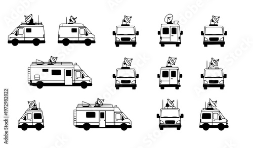 Broadcast van icon set flat vector news vehicle with satellite antenna for media and ui design
