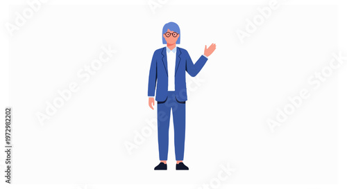 A full body illustration of a professional woman with blue hair and glasses wearing a blue suit while making a presenting gesture on white.
