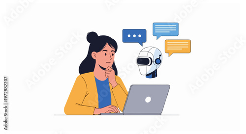 Woman in a yellow cardigan using a laptop while communicating with a floating robot head accompanied by colorful speech bubbles on white.