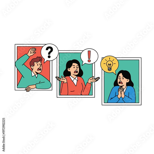 People arguing in video call windows, disagreement, confusion, and idea generation