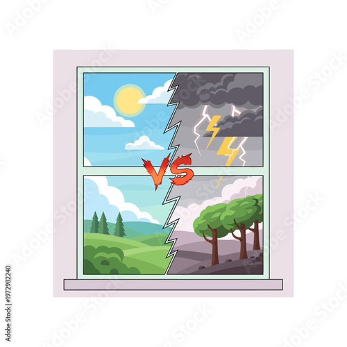 Split View Window: Sunny Day vs. Stormy Weather, Nature Contrast