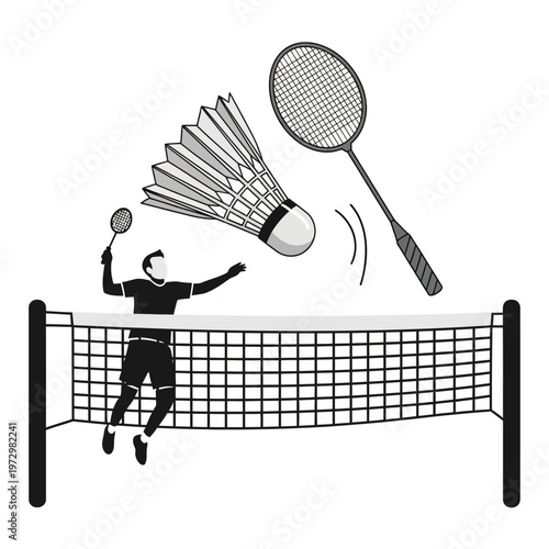 Badminton player smashing shuttlecock over net, dynamic action illustration, sport concept
