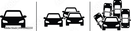Car traffic congestion icon set showing single vehicle road traffic and heavy urban gridlock jam in flat black silhouette vector style for city transportation infographics