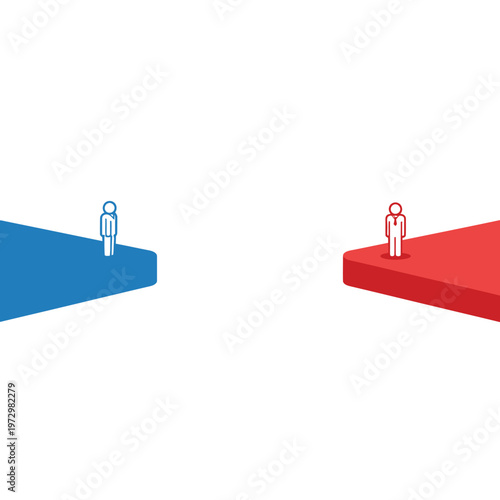 Two isolated figures on opposing colored platforms, symbolizing division and separation.