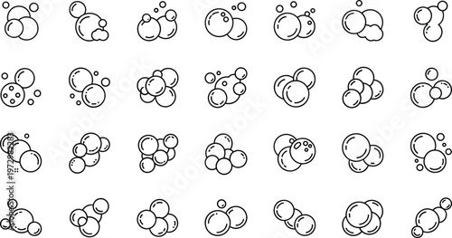 Soap bubble and water foam line icon set featuring bubbly fizz circles for cleaning laundry hygiene soda and carbonation outline vector elements
