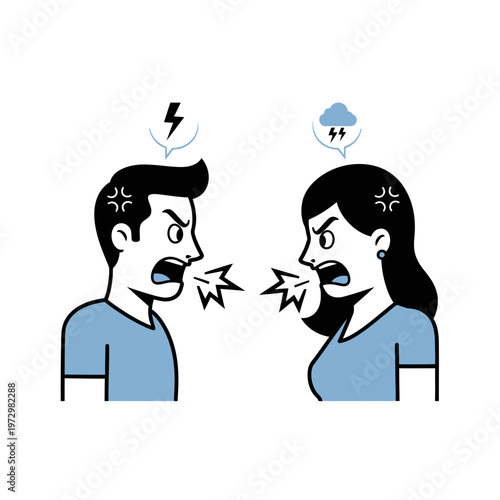 Angry couple arguing, shouting, conflict, relationship problems, vector illustration