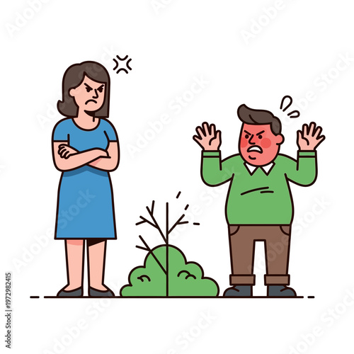 Angry Couple Arguing Over Damaged Plant, Relationship Conflict Illustration