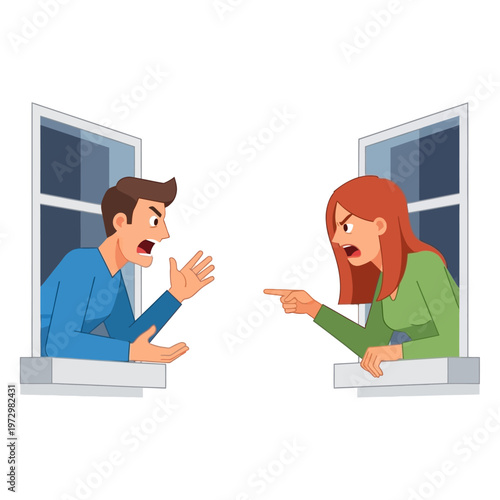 Angry Couple Arguing From Separate Apartment Windows