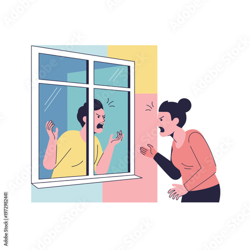 Angry Couple Arguing Through Window, Relationship Conflict, Domestic Dispute