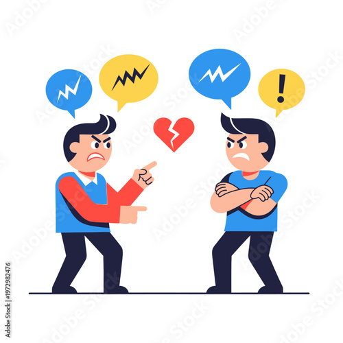 Angry Men Arguing, Conflict, Broken Heart Symbol, Speech Bubbles, Disagreement, Stress