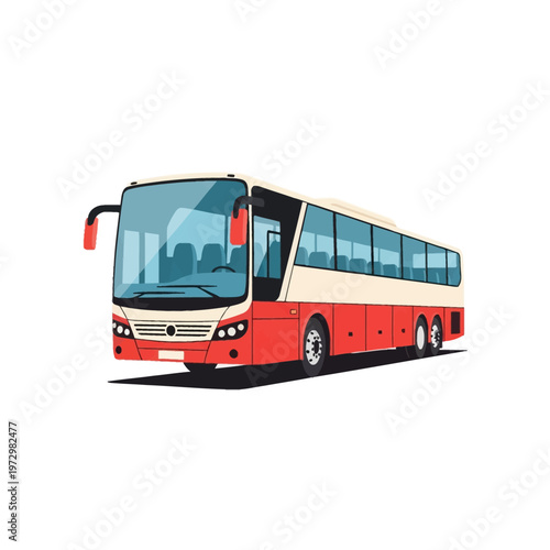 Modern red and white passenger coach bus vector illustration for intercity travel and tourism, featuring a sleek design with large windows and side mirrors, isolated on white background.
