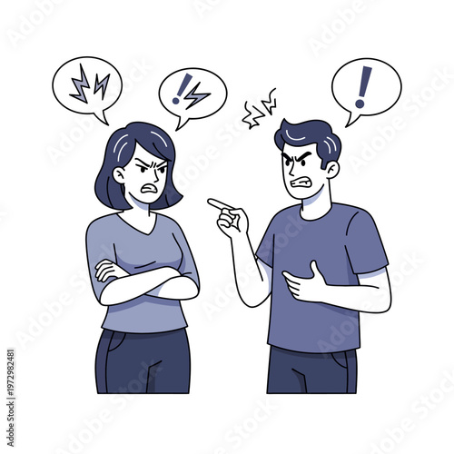 Angry couple arguing with speech bubbles showing conflict and frustration