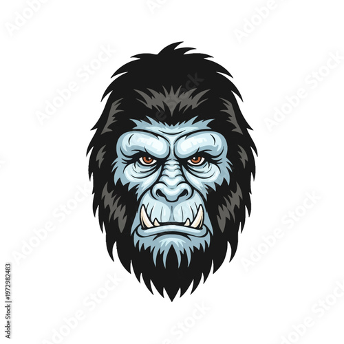 Vector illustration of a fierce bigfoot sasquatch face with black fur and blue skin, featuring protruding fangs and orange eyes, isolated on a white background for mascot design.