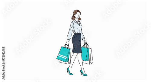 Fashionable woman in a blue shirt and skirt walking with several teal shopping bags while smiling and looking forward on a white background.