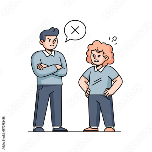 Angry couple arguing with cross symbol in speech bubble, disagreement concept