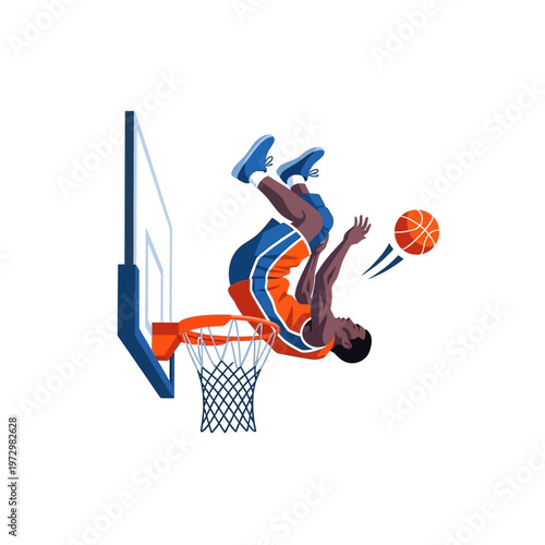 Basketball player performing a spectacular slam dunk with a flip