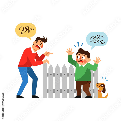 Angry Father Scolding Confused Son and Scared Dog Behind Fence