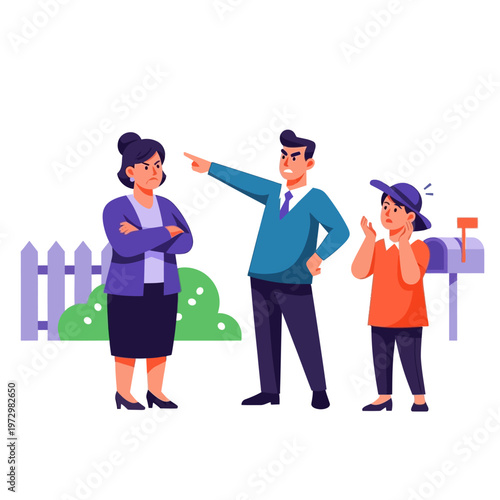 Angry Family Arguing Outdoors: Father Scolding Mother and Child Near Mailbox