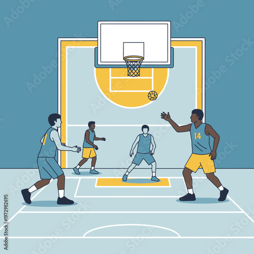 Basketball players in action on court, team sport, competitive game, outdoor recreation